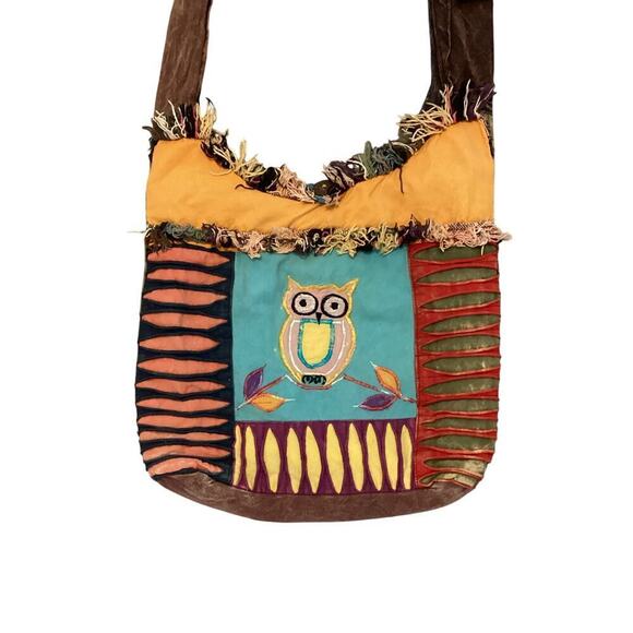 Fabric Owl Hobo Bag Cotton Blue Brown Hippie Bohemian Indie Emo Crow Patchwork - Picture 2 of 12